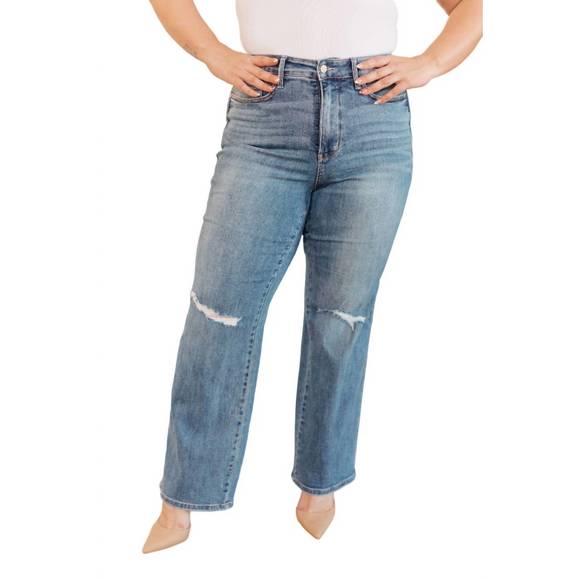 NEW JUDY BLUE high rise control top distressed straight jeans in medium wash - Picture 1 of 4